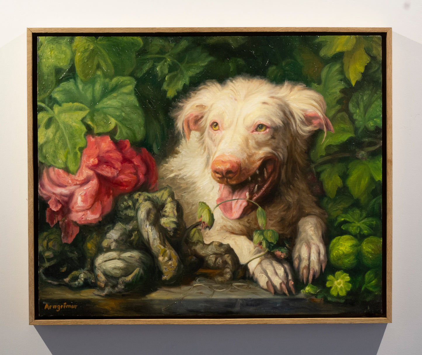 Hvítur hundur, olía á striga, 70x60 sm, 2023